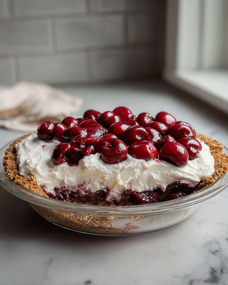 A whole Cherry Coconut Cream Pie in a glass dish topped with whipped cream and whole cherries.
