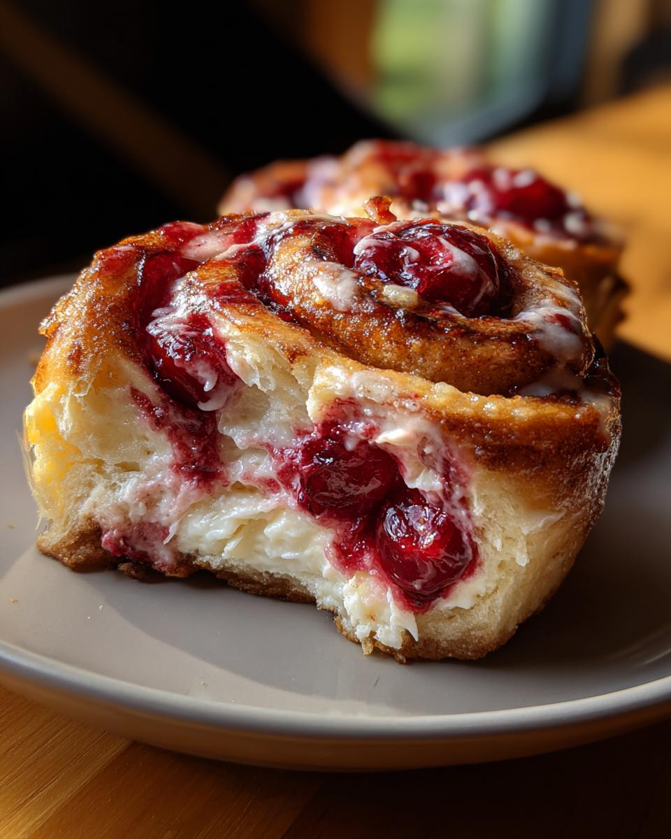 A close-up view of a soft, gooey Cherry Cream Cheese Roll with a bite taken out, showing the cream cheese filling and bright red cherries.