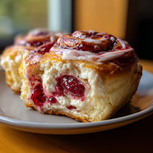 Cross-section of a soft Cherry Cream Cheese Rolls showing rich cream cheese filling and whole cherries.