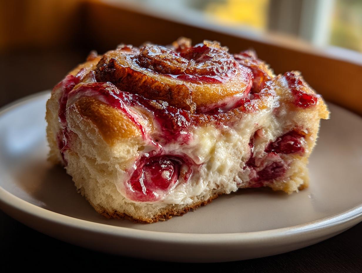 A close-up of a single, soft Cherry Cream Cheese Roll with visible cream cheese filling and bright red cherry swirls.