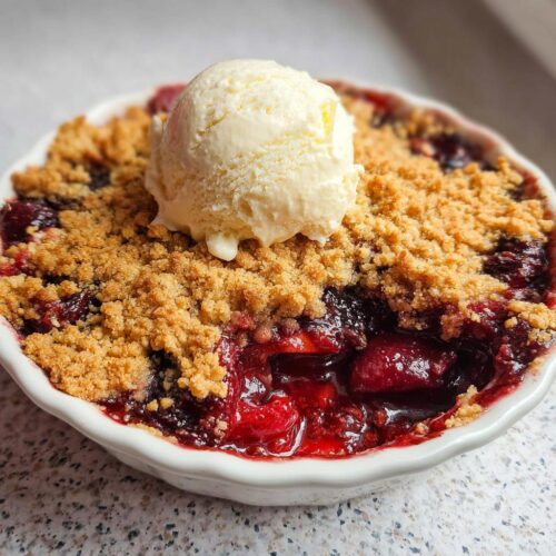 Close-up of a warm Cherry Hazelnut Crumble topped with a scoop of melting vanilla ice cream in a white ramekin.