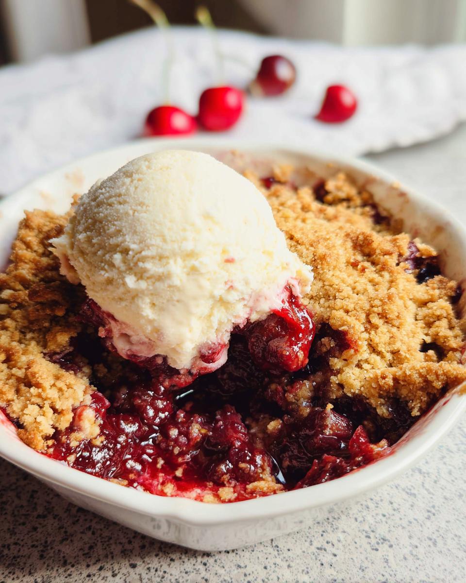 Close-up of a warm Cherry Hazelnut Crumble topped with a scoop of melting vanilla ice cream.