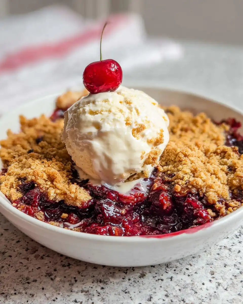 A scoop of vanilla ice cream topping a warm Cherry Hazelnut Crumble, garnished with a fresh cherry.