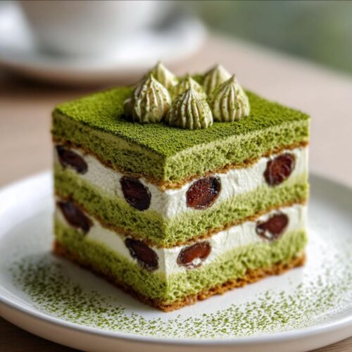 A square slice of layered Cherry Matcha Tiramisu featuring green matcha sponge, white cream, and dark cherries.