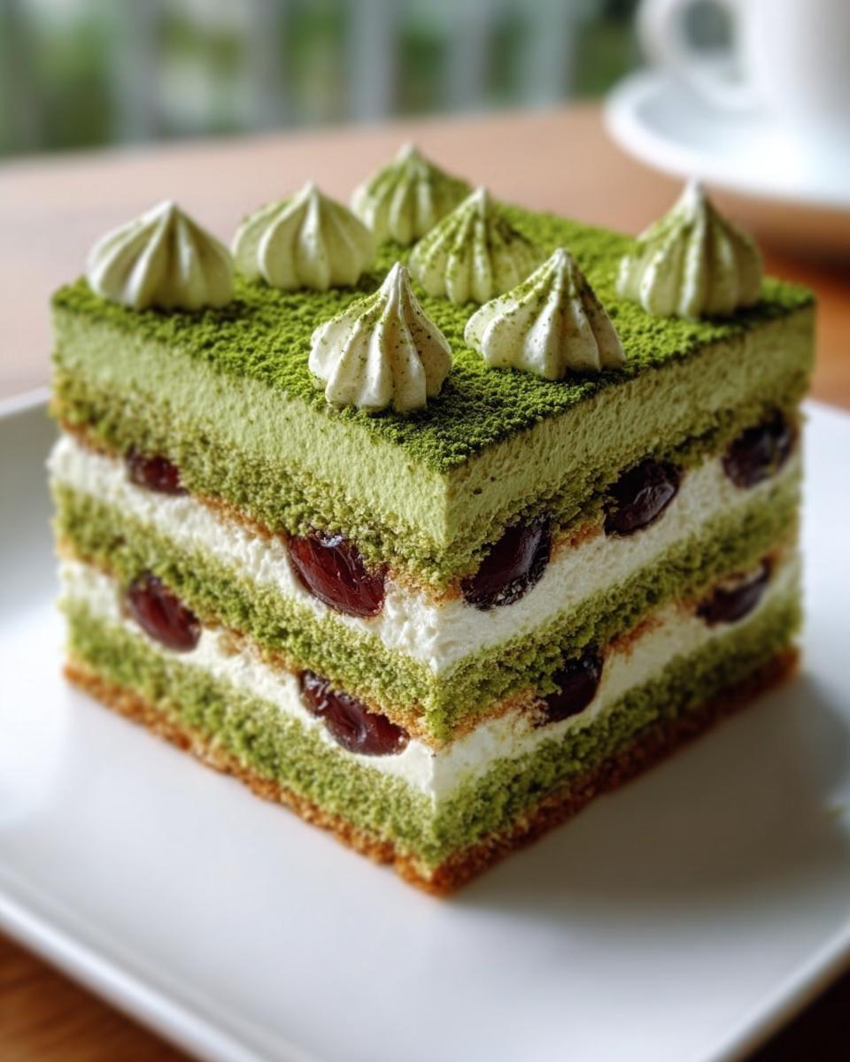 A perfectly layered slice of Cherry Matcha Tiramisu featuring green matcha cake, white cream, and dark cherries, topped with matcha cream dollops.