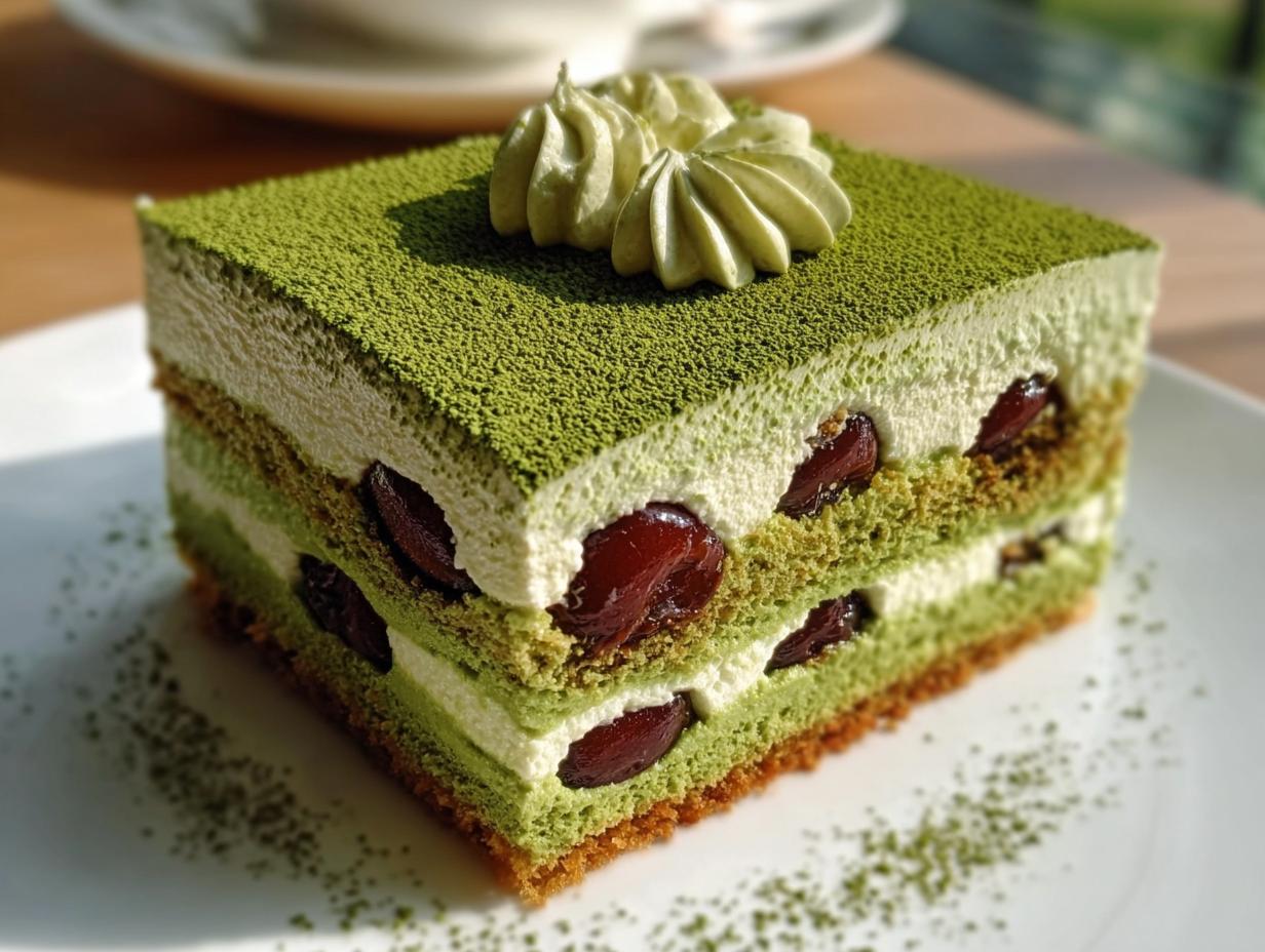 A square slice of layered Cherry Matcha Tiramisu featuring green cake, white cream, and dark cherries.