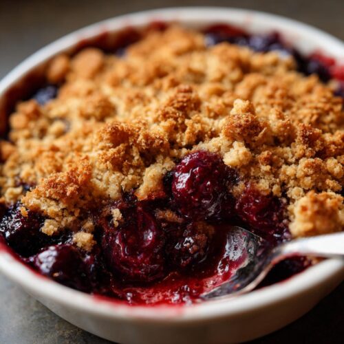 A close-up shot showing the bubbling, juicy filling of a Cherry Oat Crumble with a spoonful being taken out.