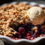 Close-up of warm Cherry Oat Crumble topped with a scoop of melting vanilla ice cream in a white dish.