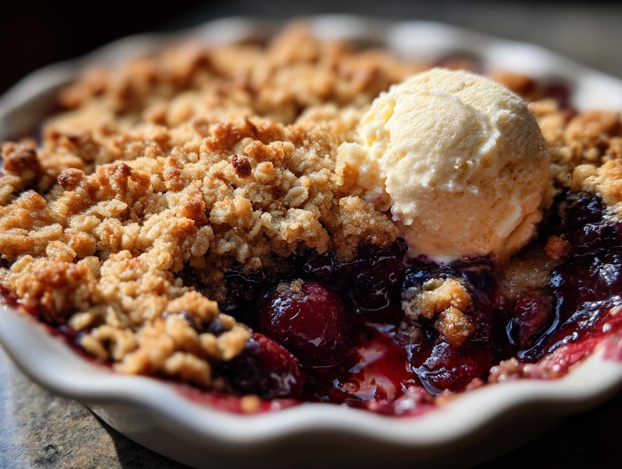 Close-up of warm Cherry Oat Crumble topped with a scoop of melting vanilla ice cream in a white dish.