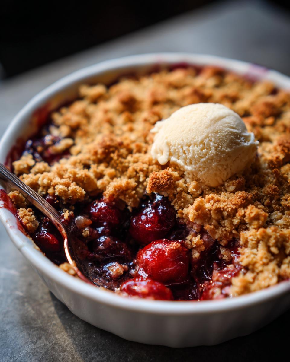 Close-up of a warm Cherry Oat Crumble topped with a scoop of vanilla ice cream and a spoon.