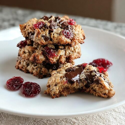 A stack of three Cherry Oatmeal Chocolate Cookies, with one cookie broken open showing melted chocolate chips.