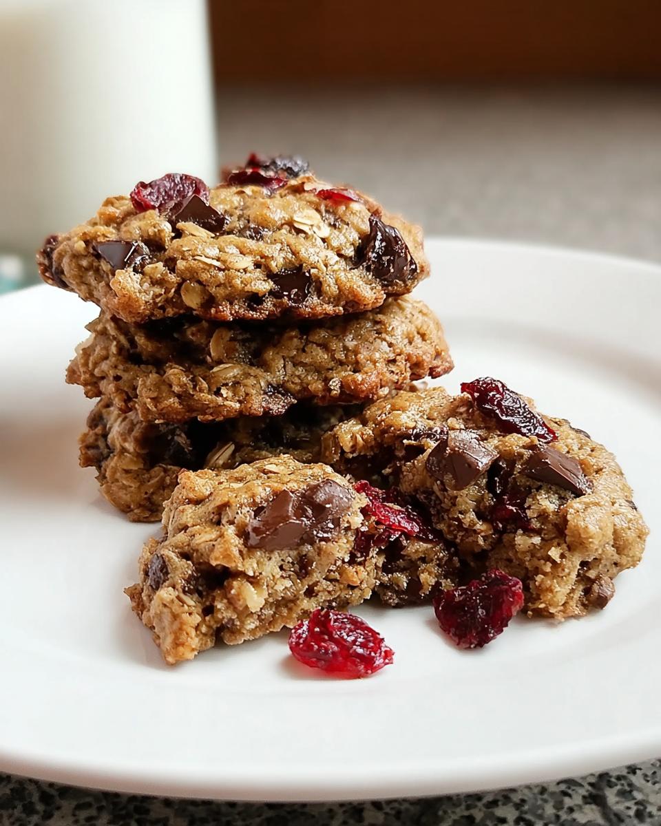 A stack of chewy Cherry Oatmeal Chocolate Cookies with visible oats, chocolate chunks, and dried cherries, served next to a glass of milk.