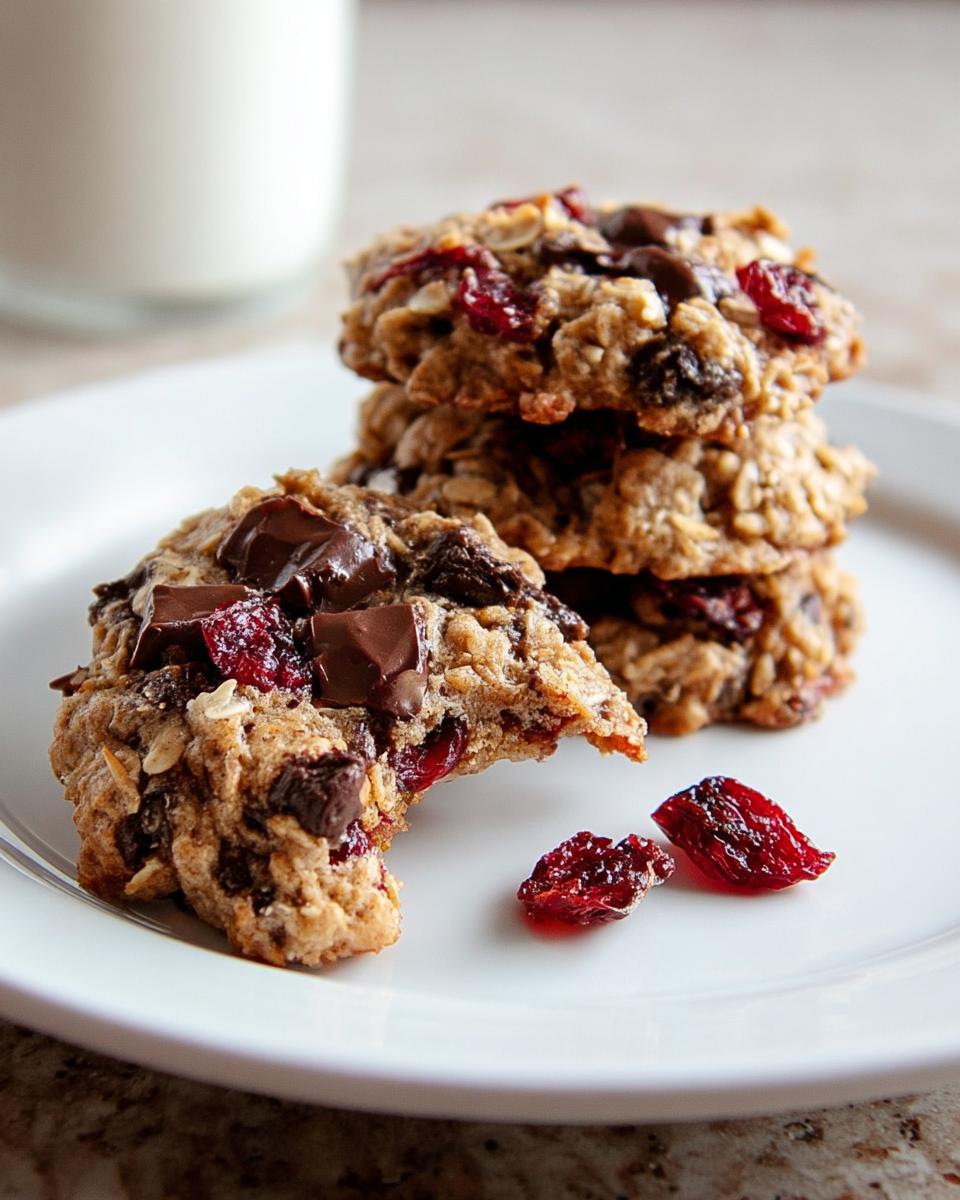 A stack of chewy Cherry Oatmeal Chocolate Cookies with melted chocolate chunks and dried cherries, served with a glass of milk.