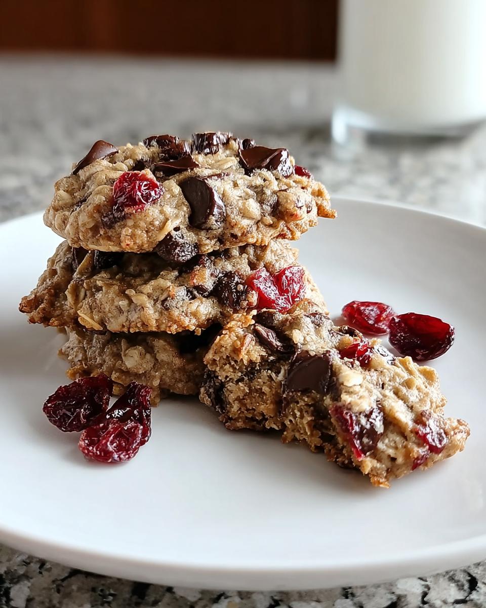 Stack of soft Cherry Oatmeal Chocolate Cookies with melted chocolate chips and dried cherries, served on a white plate.