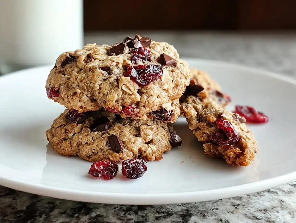 A stack of two thick Cherry Oatmeal Chocolate Cookies topped with chocolate chunks and dried cherries.
