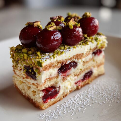 A perfect slice of Cherry Pistachio Tiramisu layered with cream, cherries, and topped with glazed cherries and chopped pistachios.
