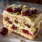 A decadent slice of Cherry Pistachio Tiramisu layered with cream, cake, cherries, and topped with pistachios.