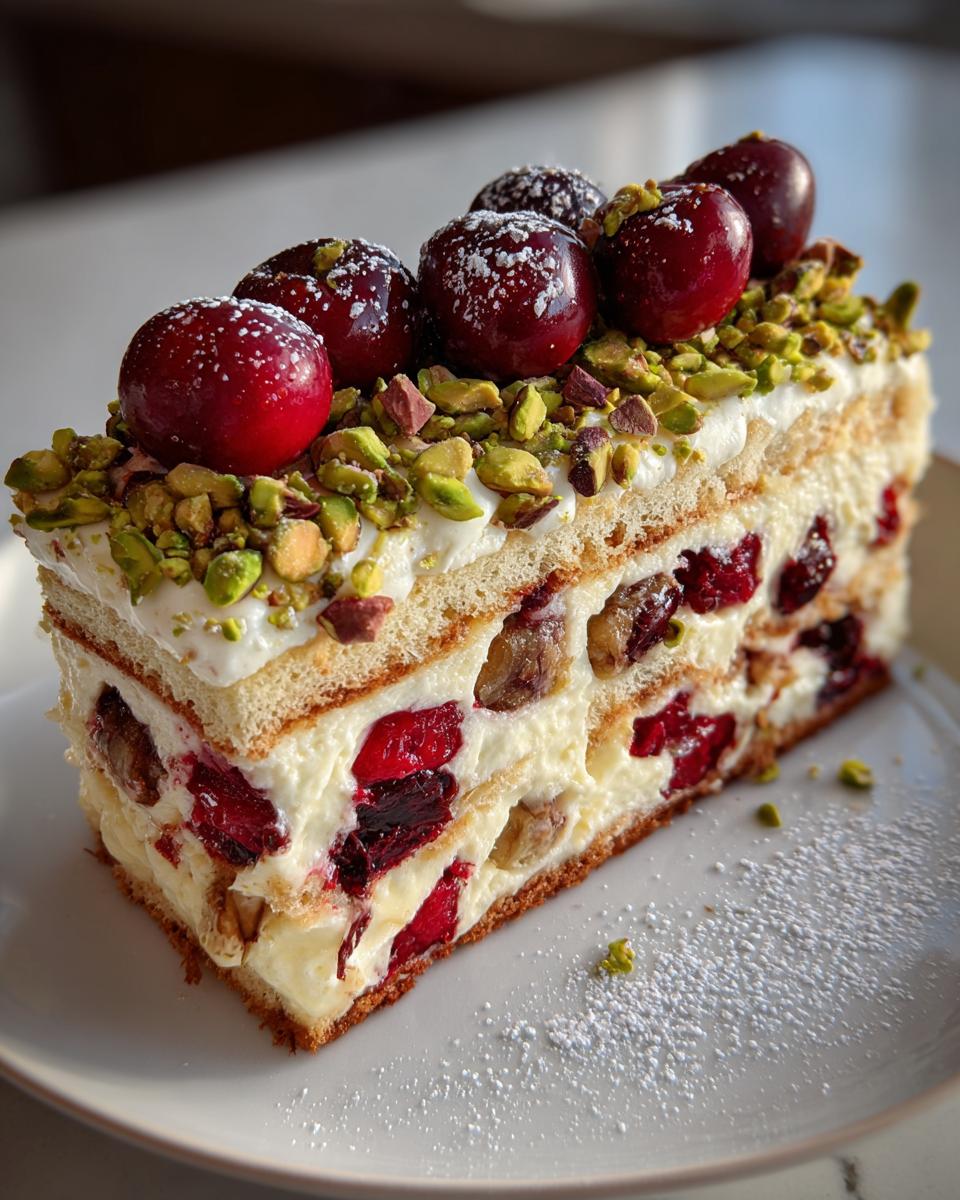 A decadent slice of Cherry Pistachio Tiramisu layered with cream, cherries, and pistachios, topped with whole cherries.