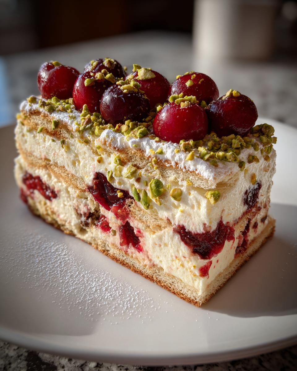 A layered slice of Cherry Pistachio Tiramisu topped with whole cherries and chopped pistachios on a white plate.
