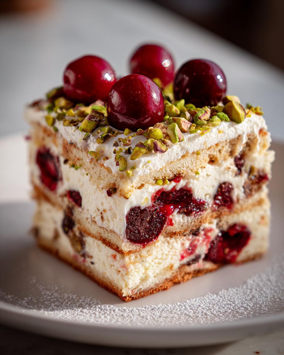 Close-up of a layered slice of Cherry Pistachio Tiramisu topped with whole cherries and chopped pistachios.
