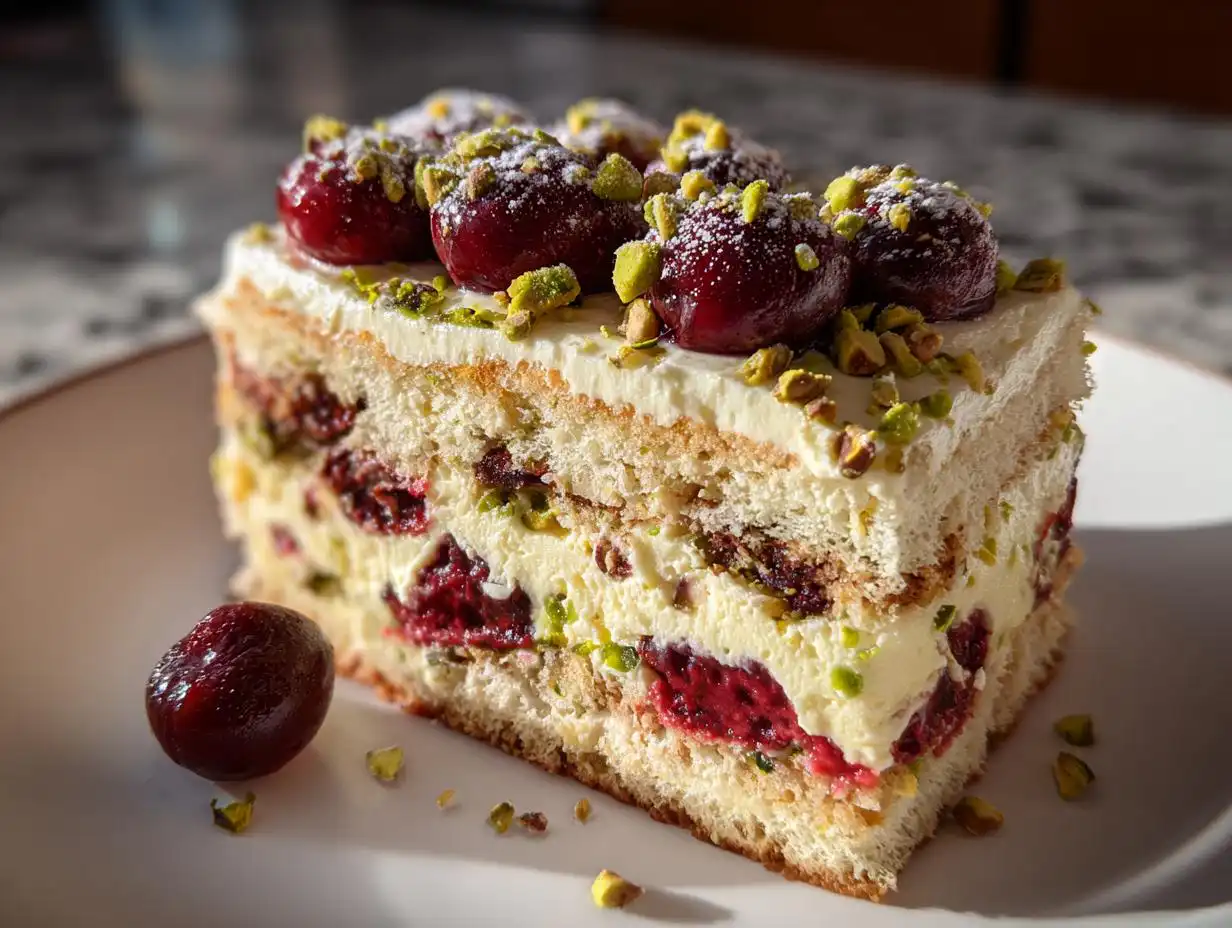 A decadent slice of Cherry Pistachio Tiramisu layered with cream, cake, cherries, and topped with pistachios.