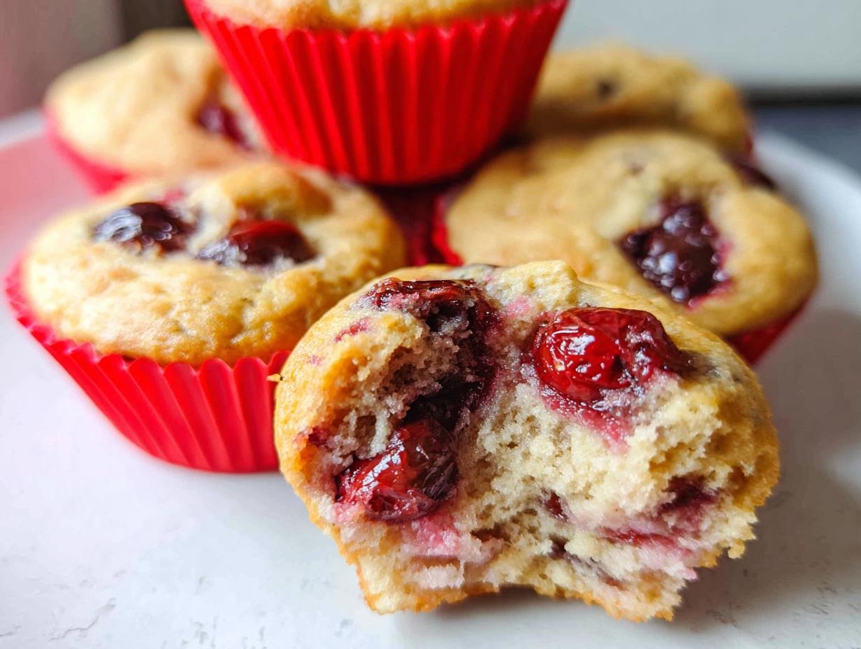 Close-up of a soft Cherry Yogurt Muffin with a bite taken out, revealing juicy cherries inside red liners.
