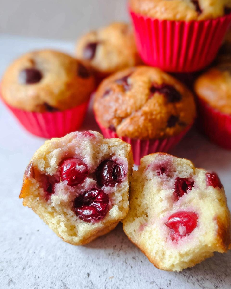 Close-up of a Cherry Yogurt Muffin cut in half showing moist interior and whole cherries.