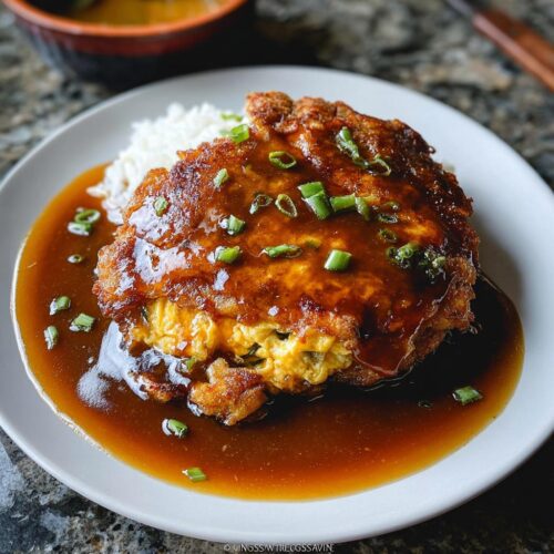A serving of Chicken Egg Foo Young smothered in rich garlic gravy, served next to white rice.