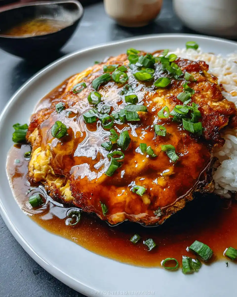 Close-up of Chicken Egg Foo Young smothered in rich garlic gravy and topped with fresh green onions, served over white rice.