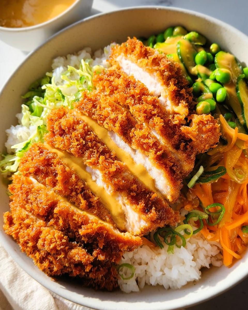 Close-up of a Chicken Katsu Bowl featuring crispy fried chicken slices over rice with pickled vegetables and sauce.