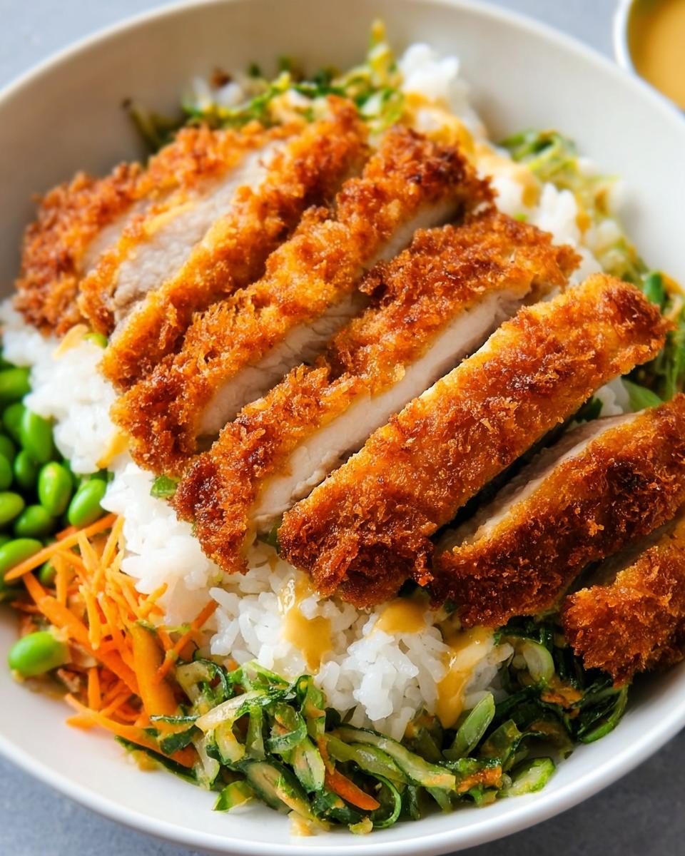 Close-up of a Chicken Katsu Bowl featuring sliced crispy chicken over rice, pickled vegetables, and edamame.