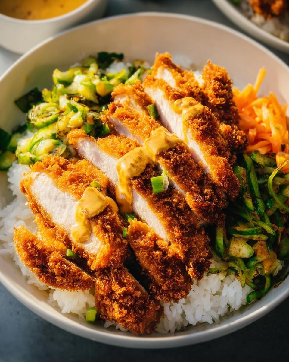 Close-up of a Chicken Katsu Bowl featuring sliced, crispy fried chicken over white rice with pickled vegetables and a drizzle of sauce.