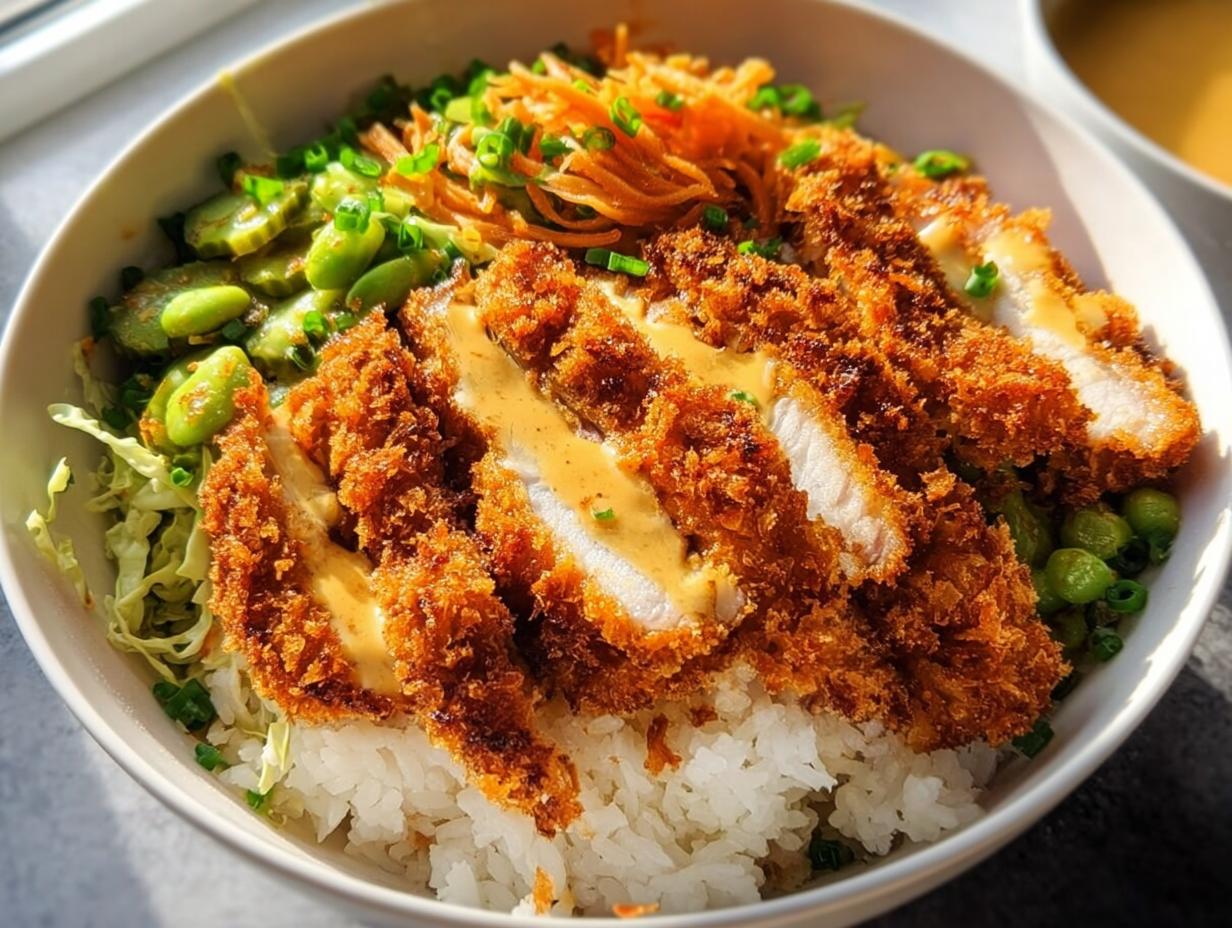A close-up of a Chicken Katsu Bowl featuring sliced, crispy fried chicken over rice and topped with pickled vegetables.