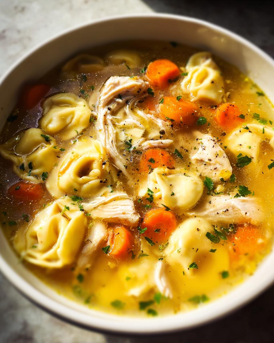 A close-up view of a steaming bowl of Chicken Tortellini Dinner Soup with shredded chicken, carrots, and herbs.