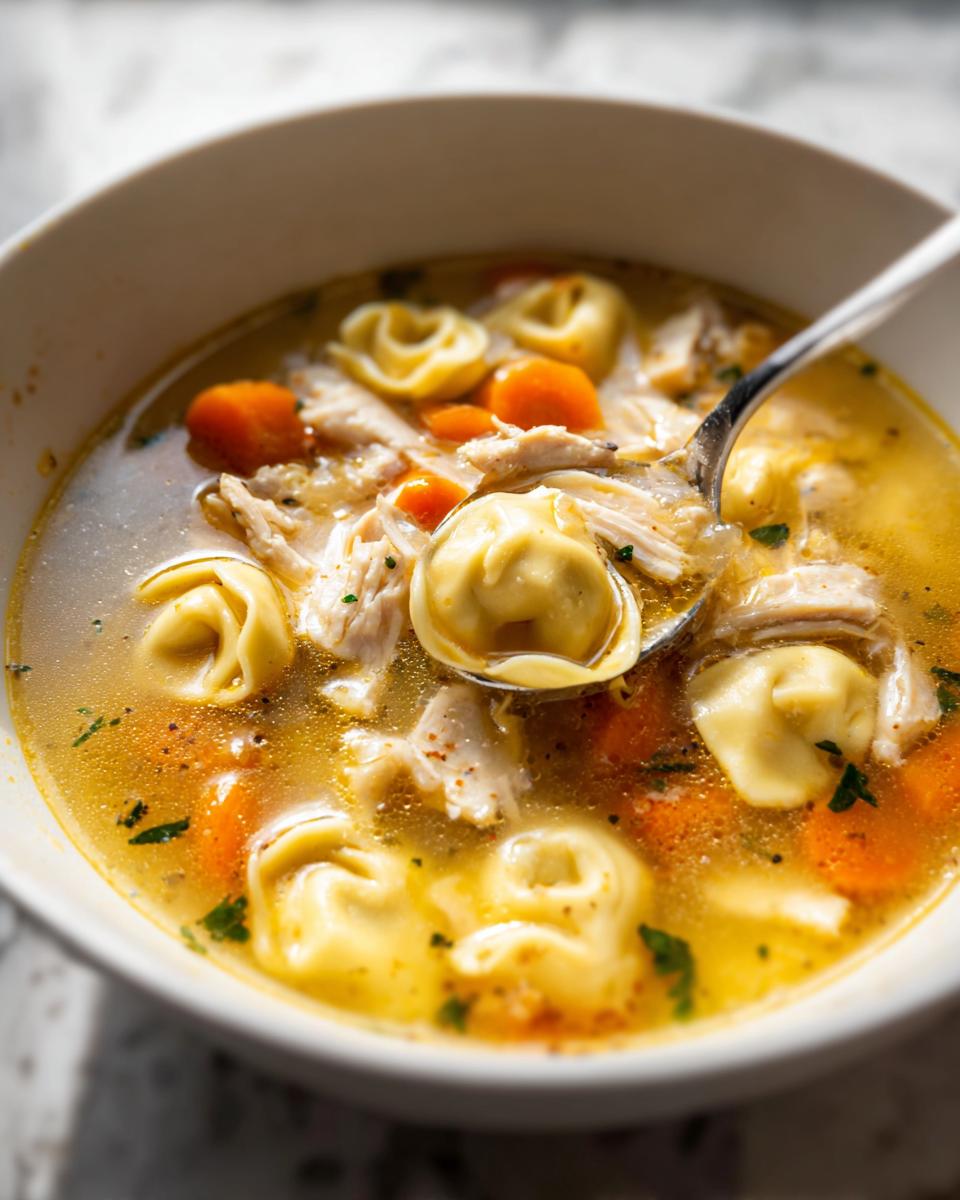 A spoonful of hot Chicken Tortellini Dinner Soup showing shredded chicken, carrots, and tortellini pasta in a savory broth.