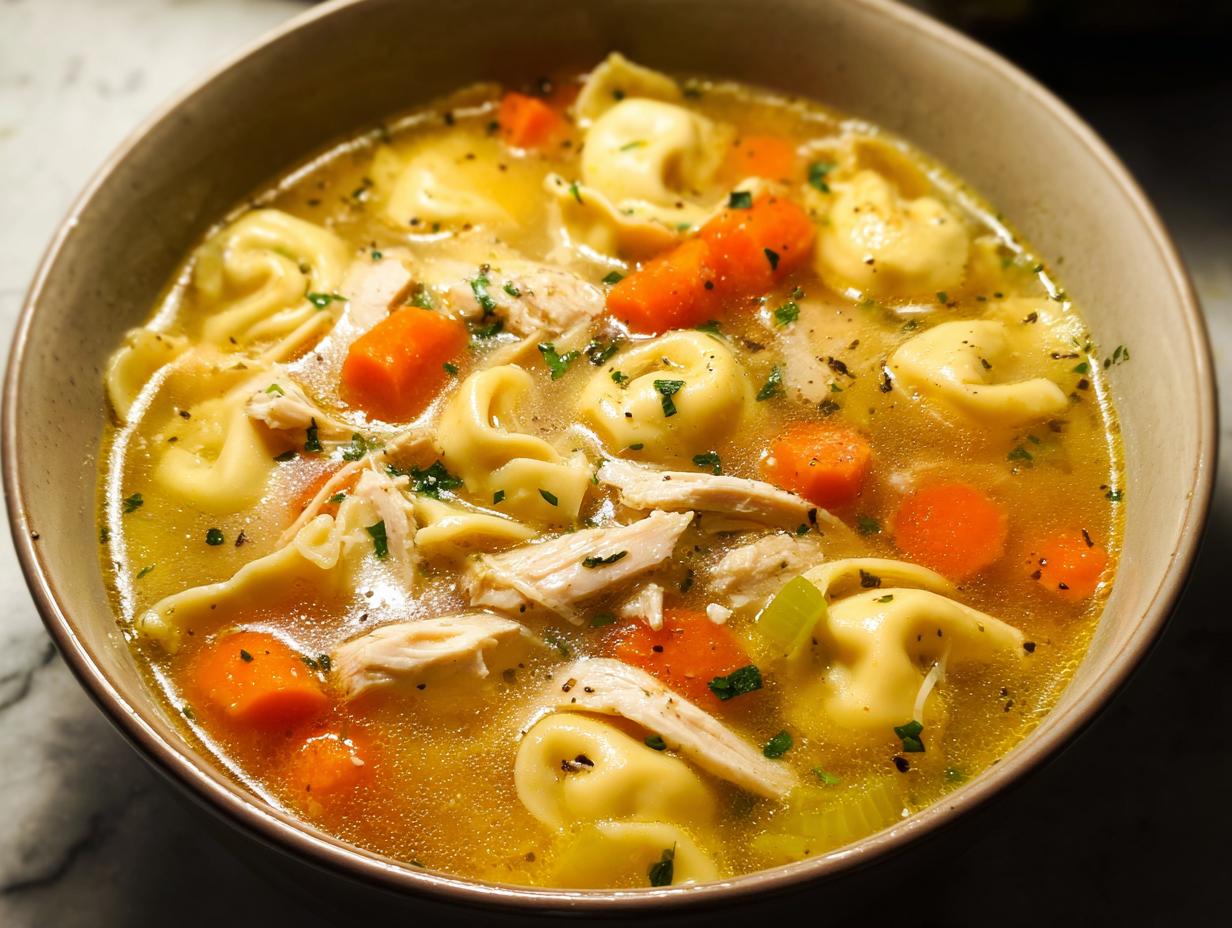 Close-up of a hearty bowl of Chicken Tortellini Dinner Soup with shredded chicken, carrots, and herbs.