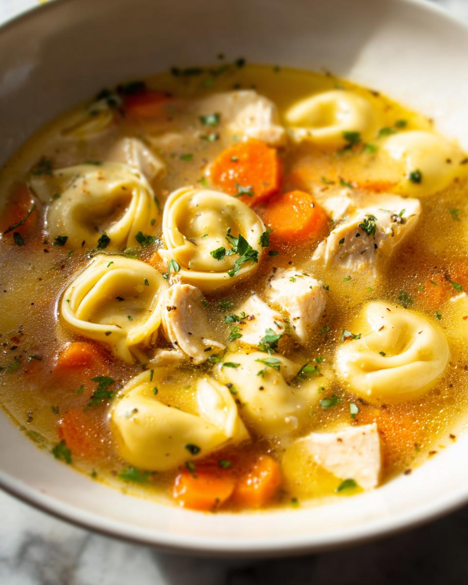 Close-up of a bowl of Chicken Tortellini Dinner Soup featuring tortellini, chunks of chicken, and bright orange carrots in broth.