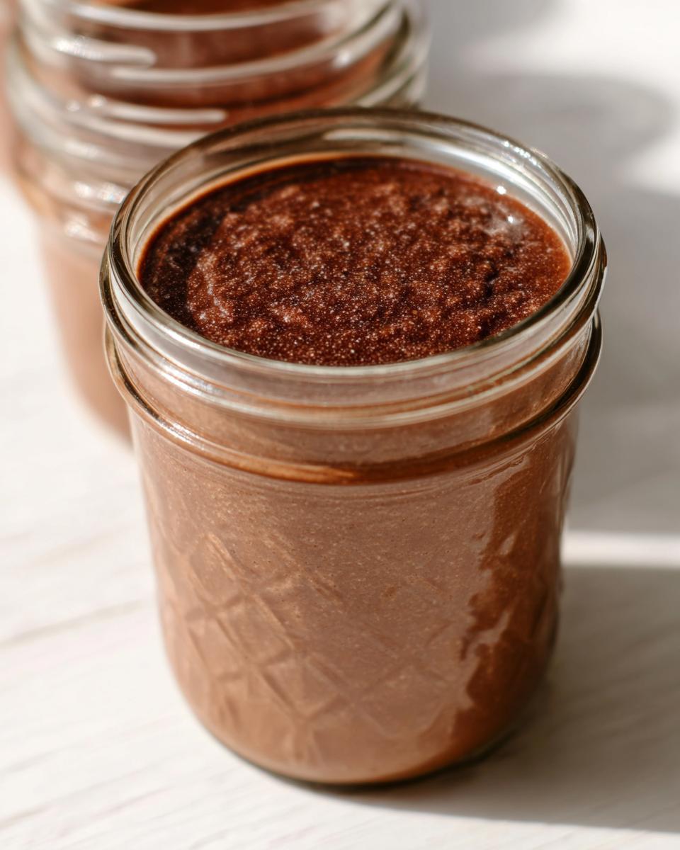 Close-up of a glass jar filled with thick, blended Chocolate Blended Overnight Oats.