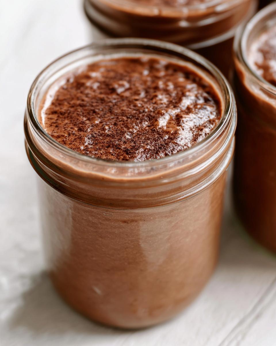 Close-up of creamy Chocolate Blended Overnight Oats topped with cocoa powder in a glass jar.