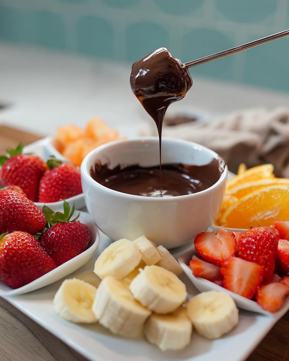 A piece of fruit being dipped into melted chocolate in a bowl, surrounded by strawberries, bananas, and oranges for Chocolate Fondue for Fruit.