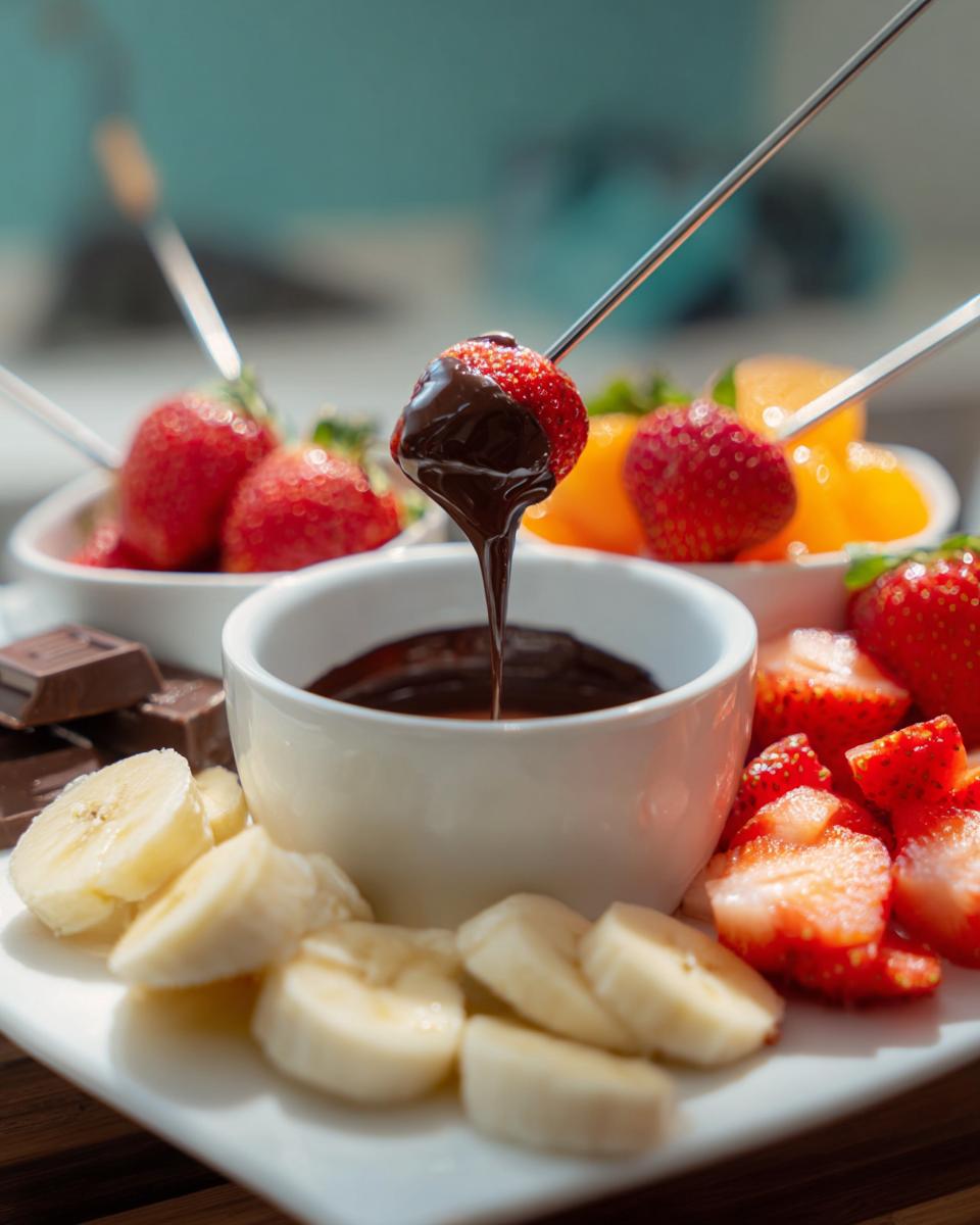A strawberry being dipped into melted chocolate fondue for fruit using a fondue fork, surrounded by sliced bananas.