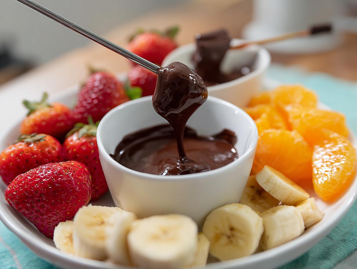 A fondue fork dips into rich melted chocolate for Chocolate Fondue for Fruit, surrounded by strawberries, bananas, and orange segments.
