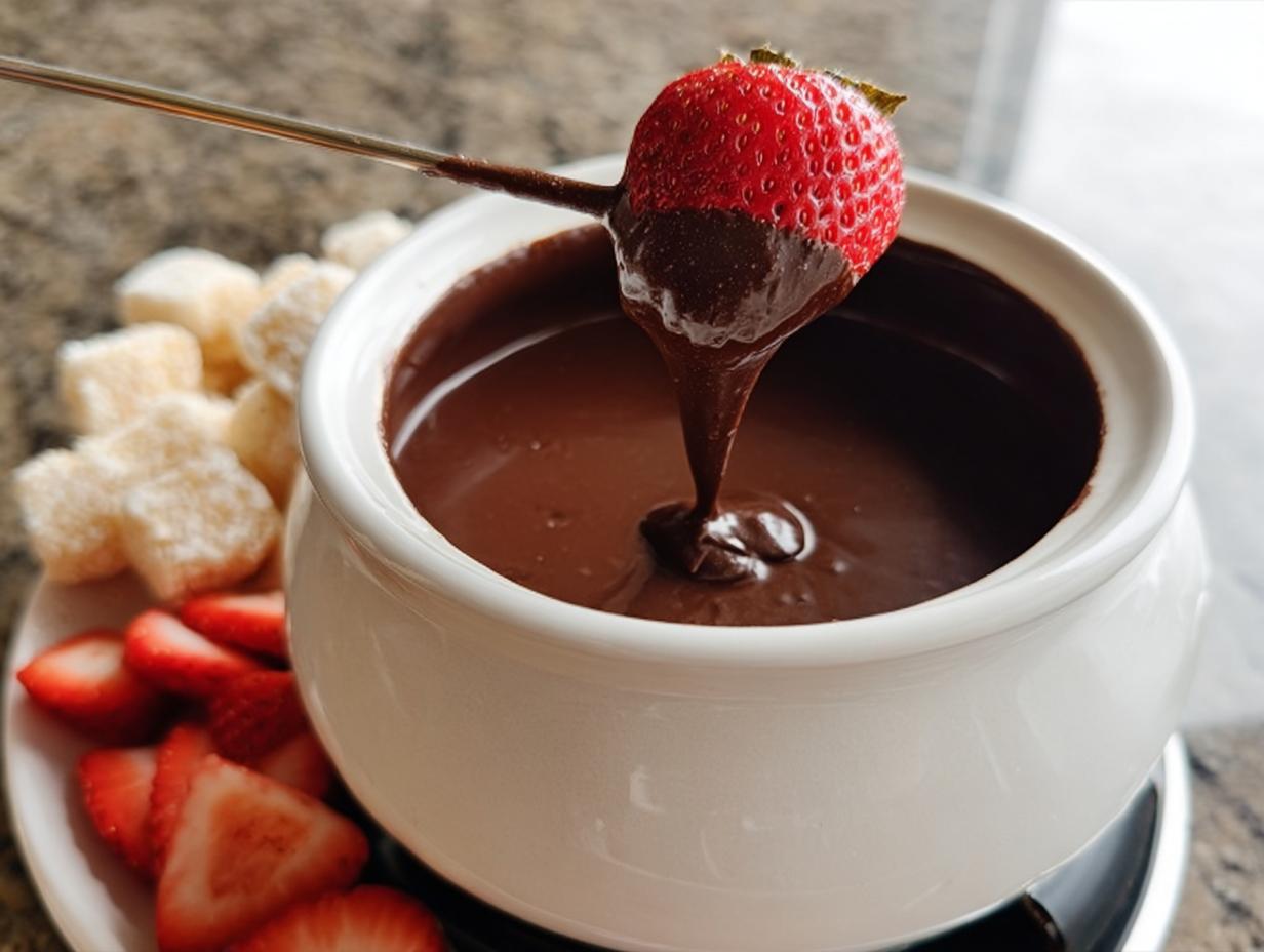 A strawberry being dipped into rich Chocolate Fondue with Heavy Cream using a fondue fork.