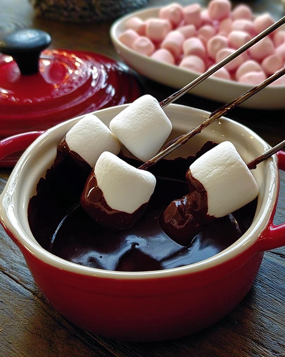 Marshmallows dipped on skewers into a small red pot of rich Chocolate Fondue with Marshmallows.