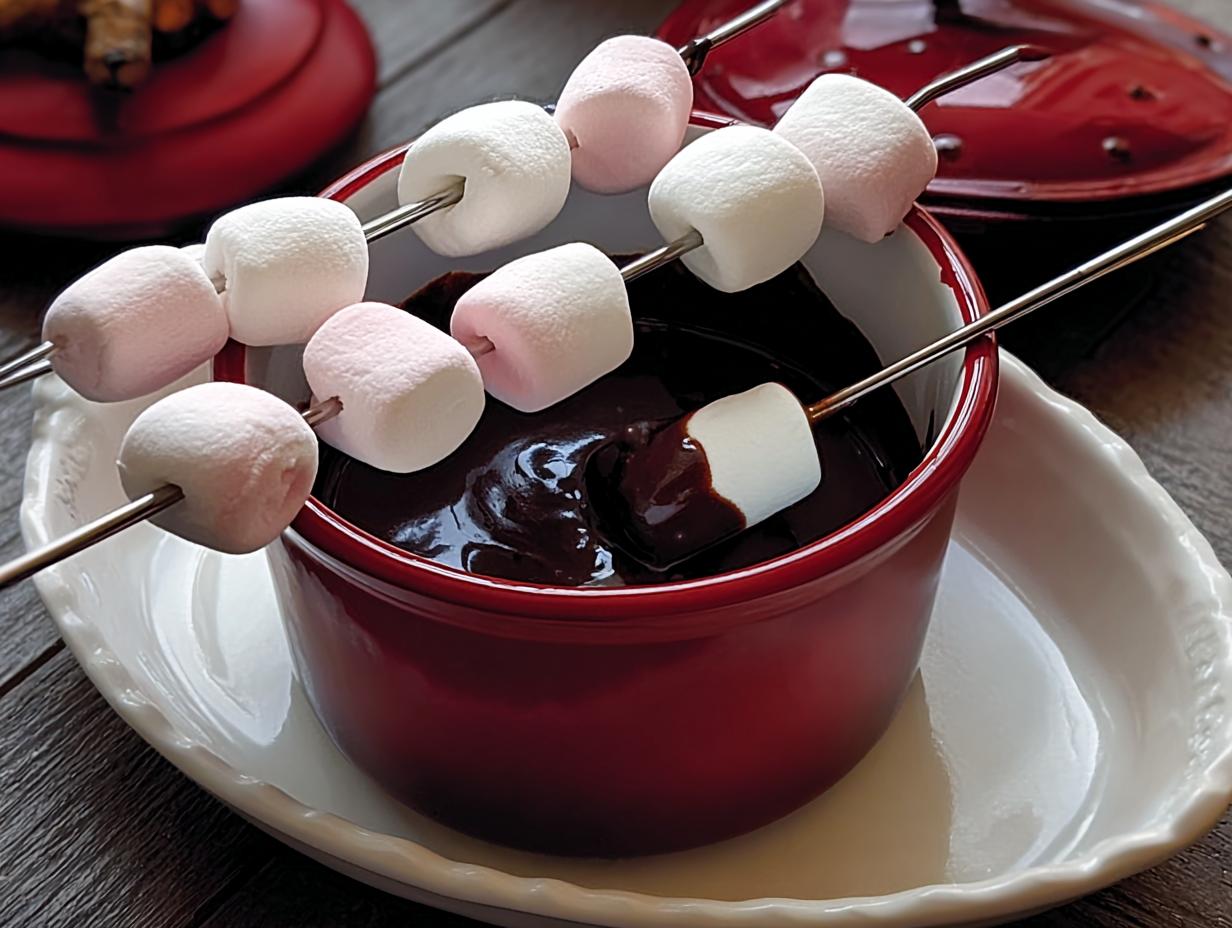 Marshmallows on skewers being dipped into rich, melted chocolate fondue with marshmallows.