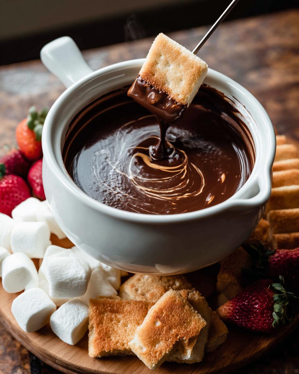 A cracker is dipped into a white bowl of steaming Chocolate Fondue with Peanut Butter swirls visible in the rich chocolate.