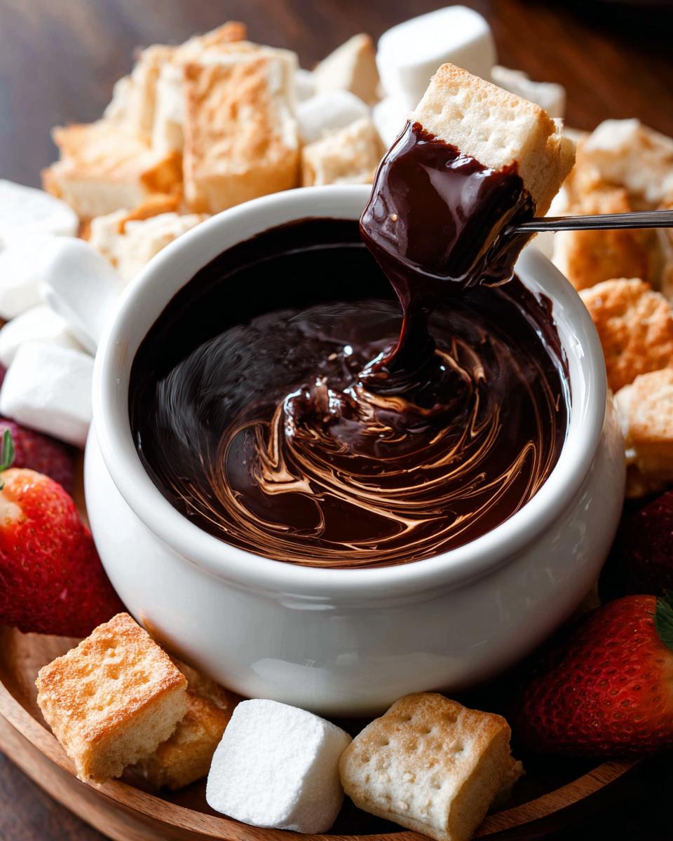 A piece of pound cake is dipped into rich Chocolate Fondue with Peanut Butter swirls in a white bowl.