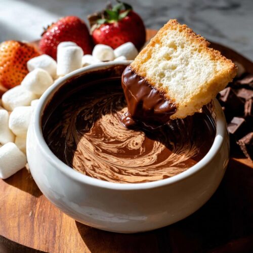 A piece of cake being dipped into a white bowl of swirling Chocolate Fondue with Peanut Butter.