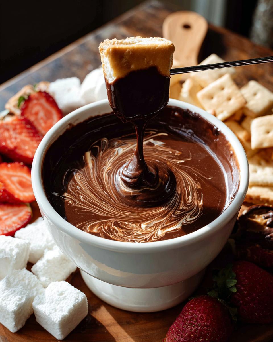 A marshmallow being dipped into a bowl of swirling Chocolate Fondue with Peanut Butter, surrounded by strawberries and crackers.
