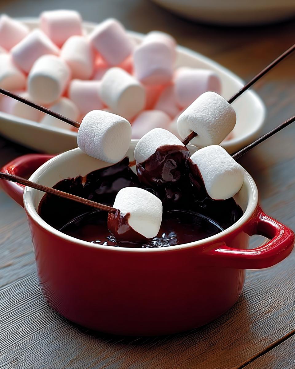 Marshmallows on skewers being dipped into rich chocolate fondue in a red pot.